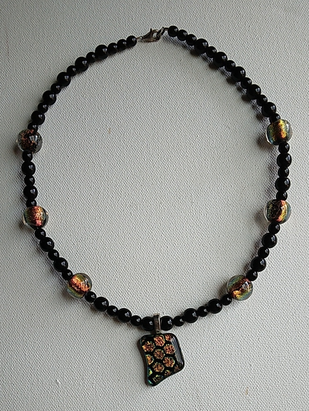 Handmade Black Bead Necklace with Gold Iridescent Glass Pendant